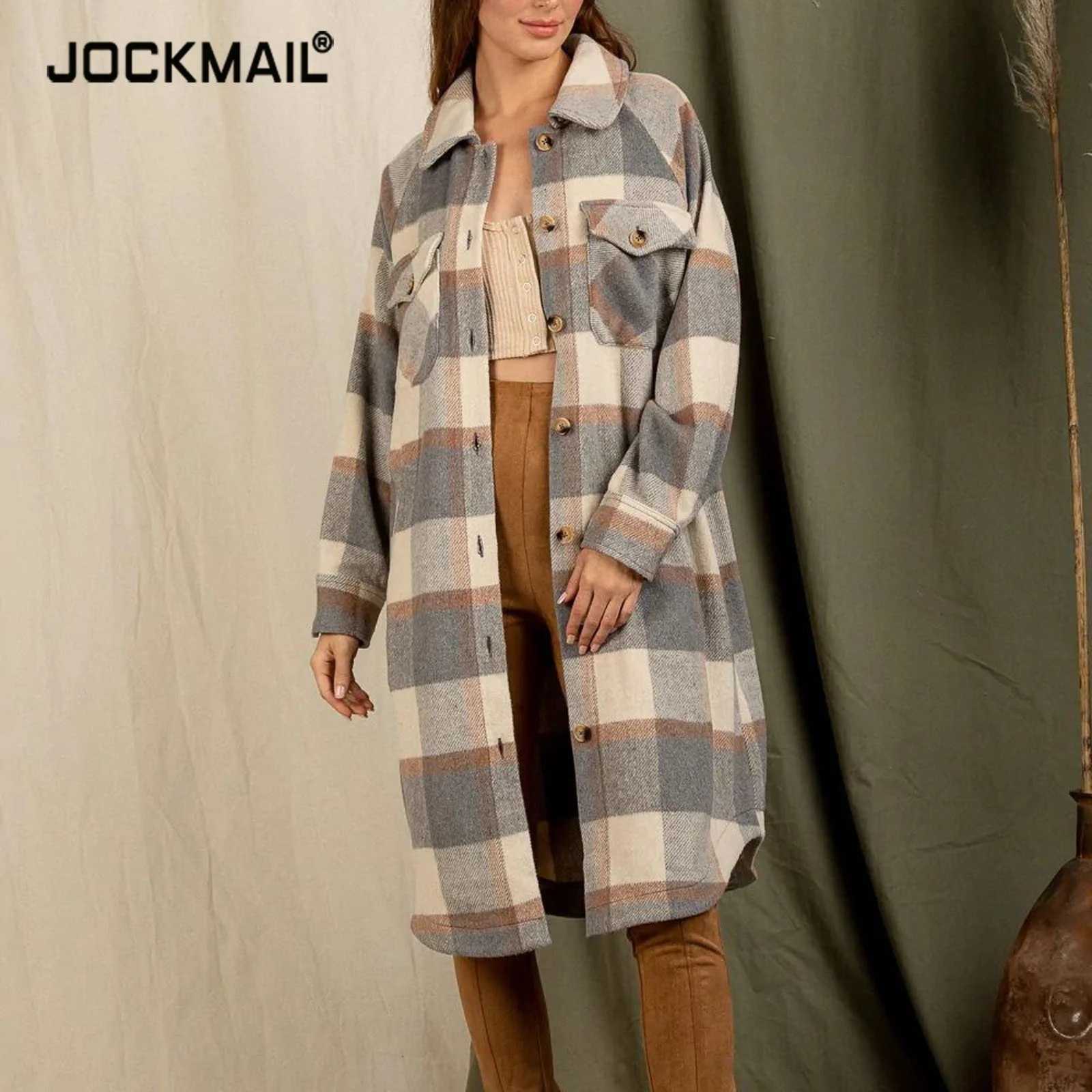

Women Cardigan Coat Plaid Print Loose Jacket Long Sleeves Large Pockets Cardigan Single-breasted Buttons Spring Jacket For Daily