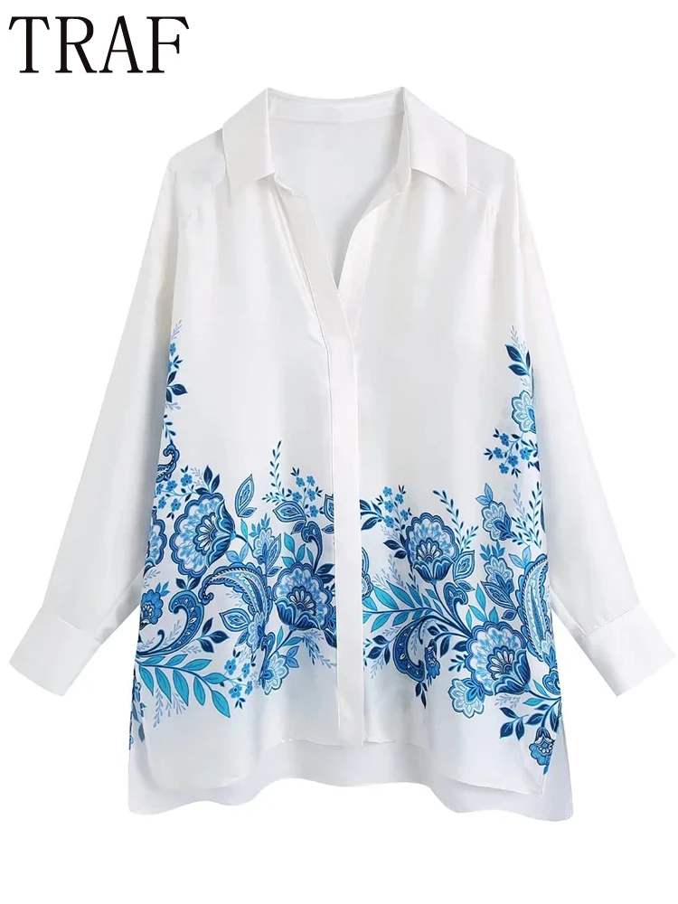 

TRAF 2022 White Button Up Shirts Woman Print Shirt Women Spring Long Sleeve Top Female Casual Flowing Loose Collared Shirt