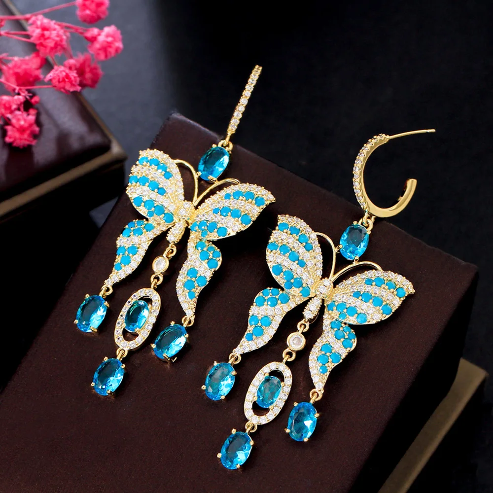 

CWWZircons Light Blue Turkish Cubic Zirconia Stone Big Long Dangling Drop Butterfly Earrings for Women Boho Party Jewelry CZ460