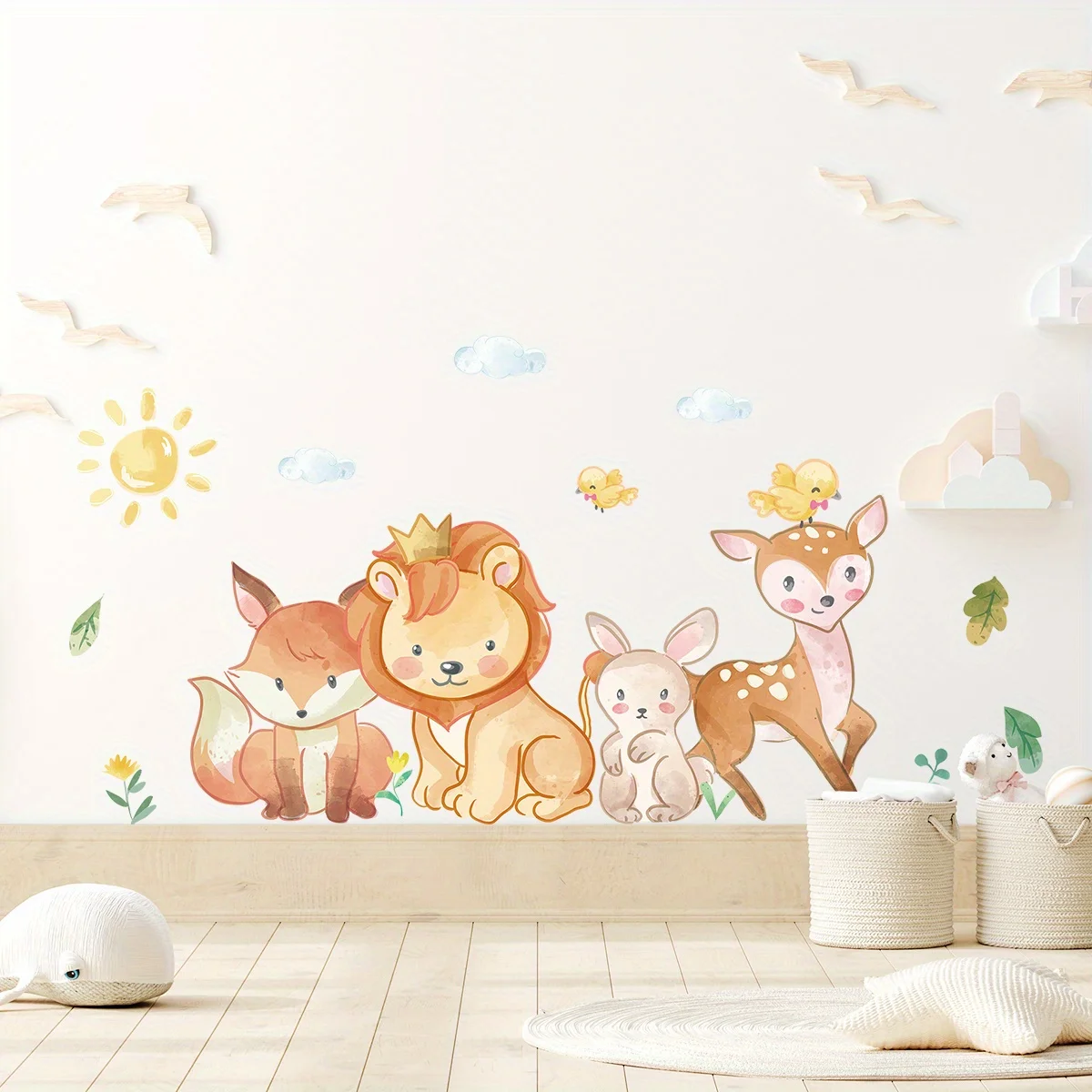 Набор Наклеек На Стену С Мультяшными Животными - Лев Олень Лиса Кролик Солнечный