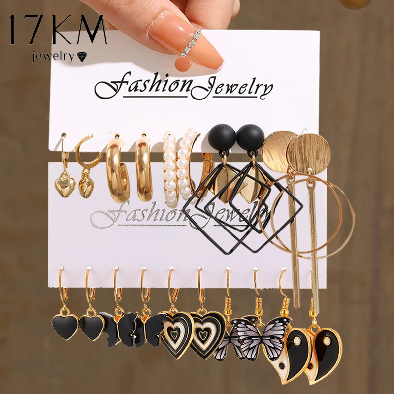 

Женские винтажные серьги золотого цвета, 17 км, с черным сердцем, в виде шахматной доски, серьги с жемчугом, модные мультяшные серьги, ювелирн...