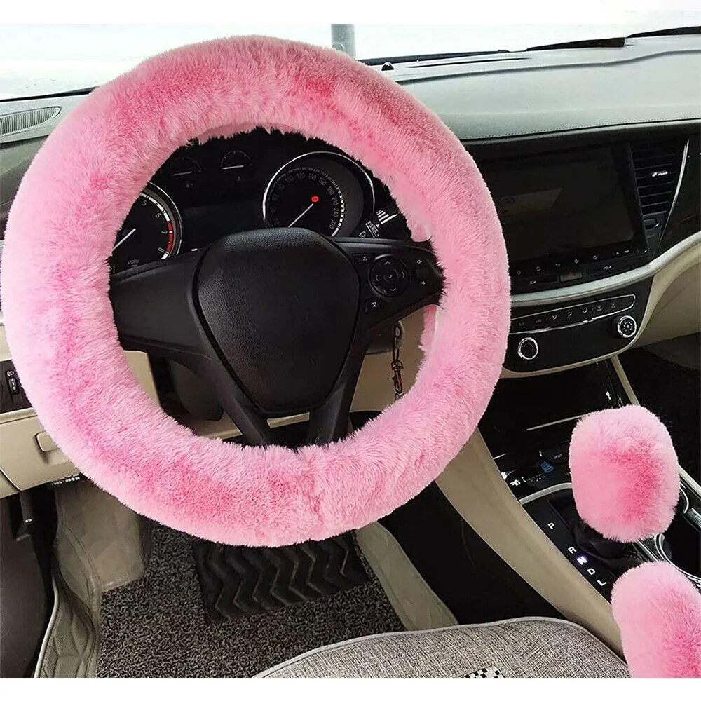 Car Decor Steering Wheel Cover Auto Car 3 Pcs Comfort Fashion Faux Wool Fluffy Shift Gear Cover Thick Warm Woman