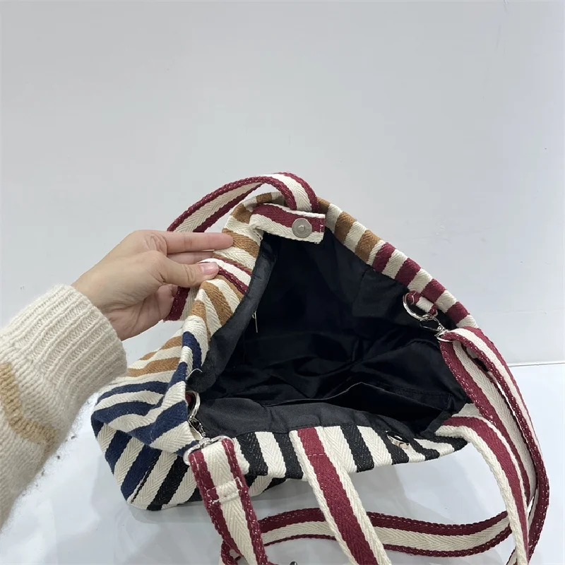 Fashion Striped Bag For Women Shoulder Bag Korean Style Large Basket Canvas Handbag Crossbody Simple Travel Satchels Tote Bag
