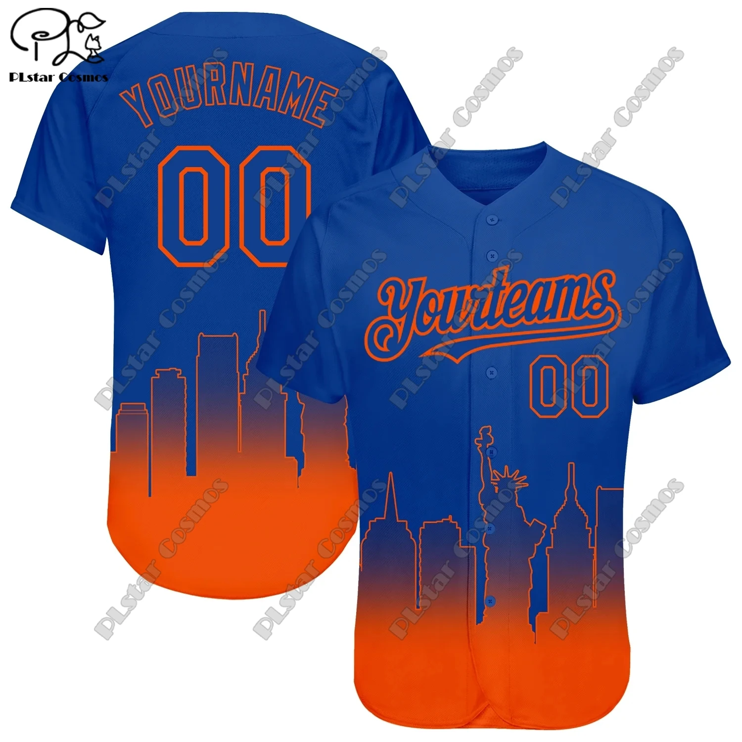 

3D Printing Baseball Shirts Custom Name Blue Red Yellow Orange City Silhouette Gradient Fade Fashion Baseball Shirts Unisex