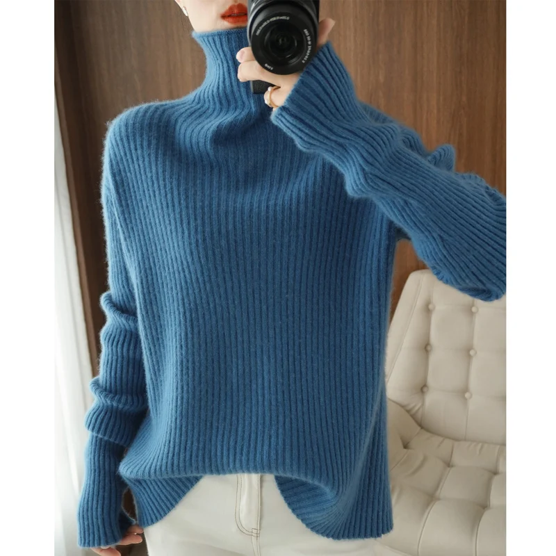2021 Autumn Winter New Women's Sweater 100% Pure Wool Korean Fashion Sweater High Neck Pullover Loose Iong Sleeve Bottoming