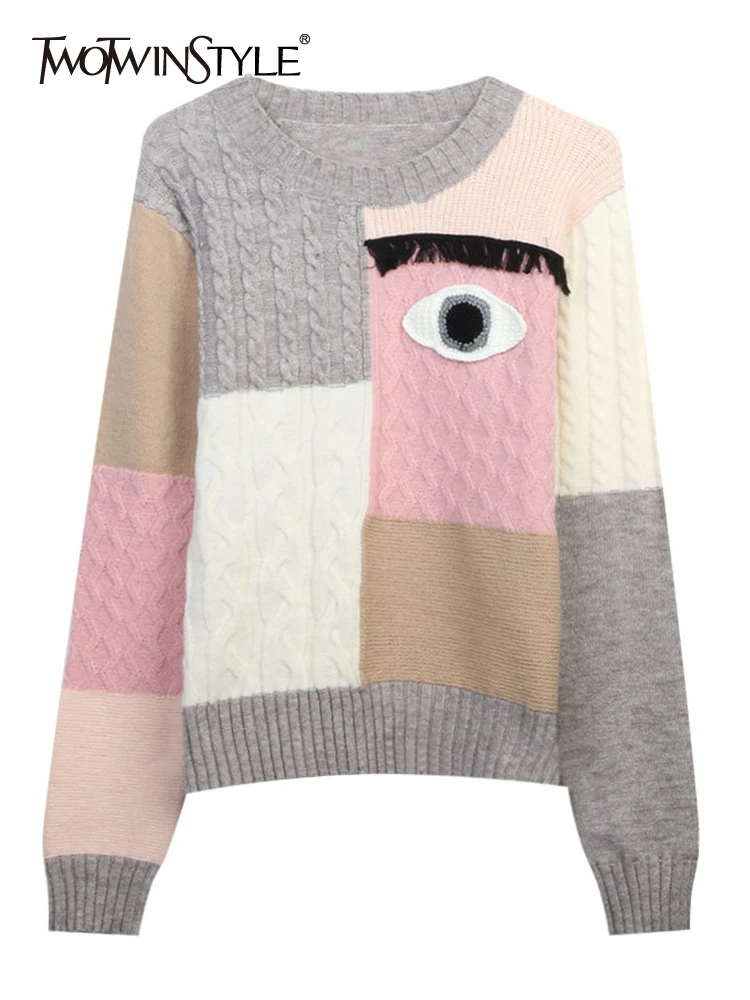 

TWOTWINSTYLE Design Knitting Sweaters For Women Round Neck Long Sleeve Patchwork Print Loose Sweater Female Fashion 2023 Autumn