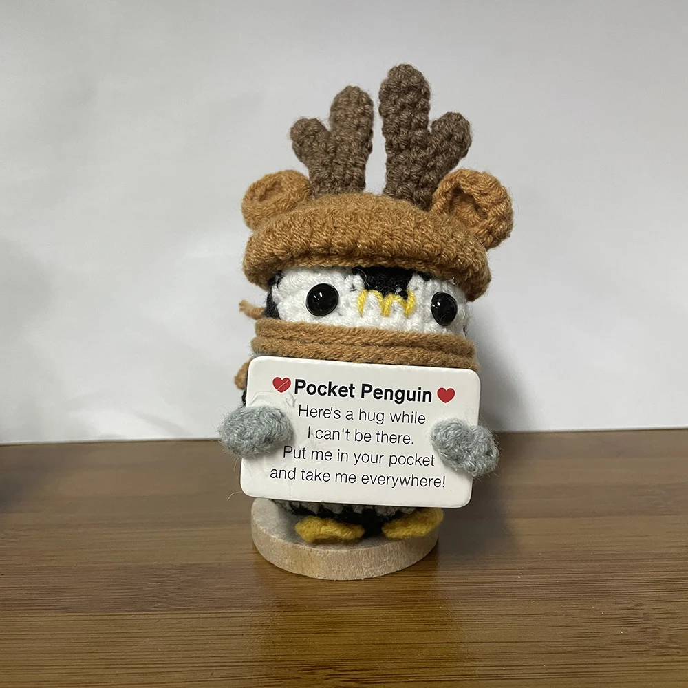 Забавная вязаная рождественская шапка ручной работы кукла-пингвин с карточкой