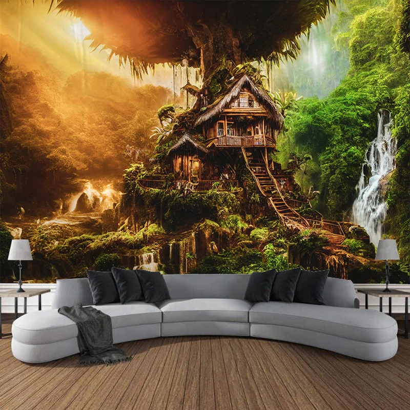 

Magical Forest Tapestry Nature Trees Waterfall Wall Hanging Landscape Scenery Cloth Home Room Aesthetic Art Bedroom Decor Tapiz