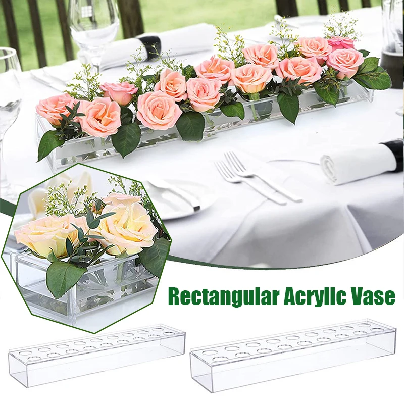 

10—22 Holes Clear Acrylic Flower Vase Rectangular For Dining Table Wedding Decoration Rose Gift Box Desktop Home Decoration