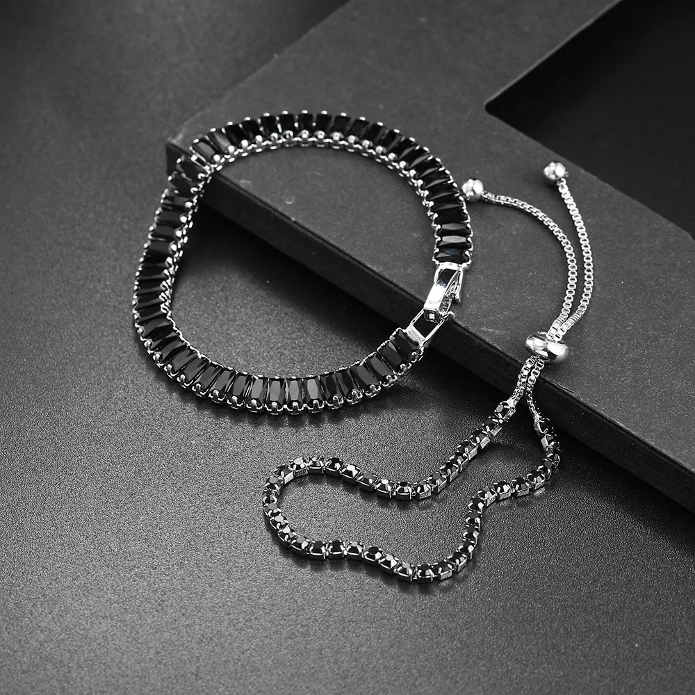 

TENGTENGFIT Adjustable Black Crystal on Hand 4MM CZ Tennis Bracelet Bangle for Women Wedding Fashion Jewelry Chain Party Gift