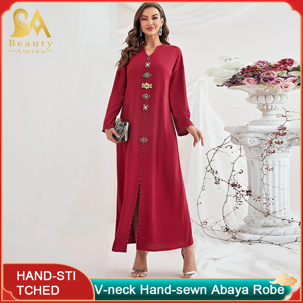 Muslim Long Dress Abaya Robe V-neck Hand Sewn Drill Skirt Temperament Dress Fashion Women's National Dress Arab Women's Robe