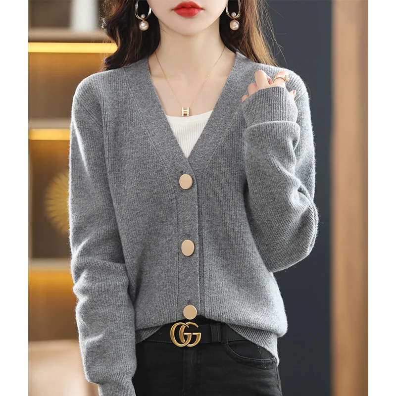 Spring New 100% Pure Wool Sweater Outside Wear Top Female V-Neck Temperament Cardigan Loose And Versatile Female Knitted Jacket