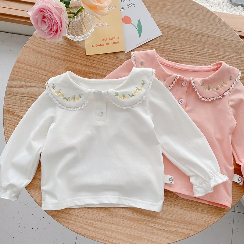 

Infant Baby Girls Cotton T-Shirt Fashion Kids Long Sleeve Lapel Embroidery Flower Girls Pullover Shirt Toddler Autumn Clothes