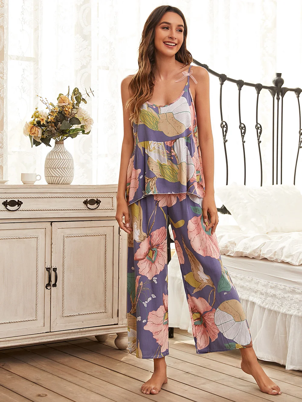 Women Spring and Autumn Comfortable Soft Home Suit Robes with Pants Pajamas Set Sleepwear Cotton Viscose Ladies 3pcs Pajamas Set