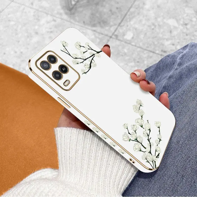 White Plum Blossom Luxury Plating Phone Case For Oppo A15 A15S A16 A16K A76 A77 A78 A53 A54 A55 A92 A94 A95 A83 F19 Cover