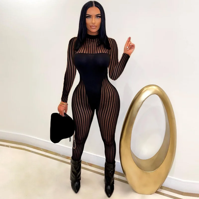 

WUHE See Through Mesh Patchwork Striped Jumpsuit Long Sleeve Sexy Hollow Out Night Party Club Skinny Bandage One Piece Overalls