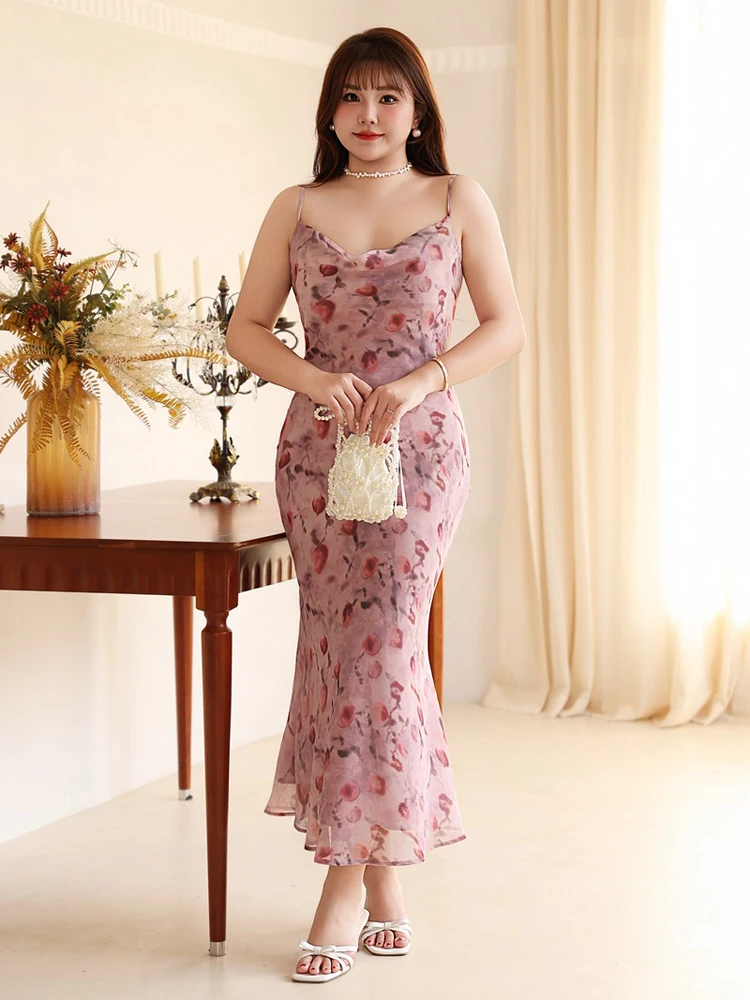Женское шифоновое платье-годе на бретелях розовое платье большого размера с