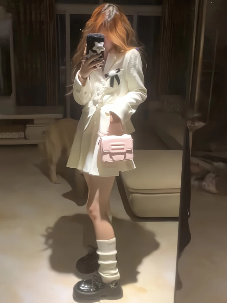 Элегантный костюм UNXX Rich Hei осенний в стиле колледжа пиджак с поясом и юбка высокой