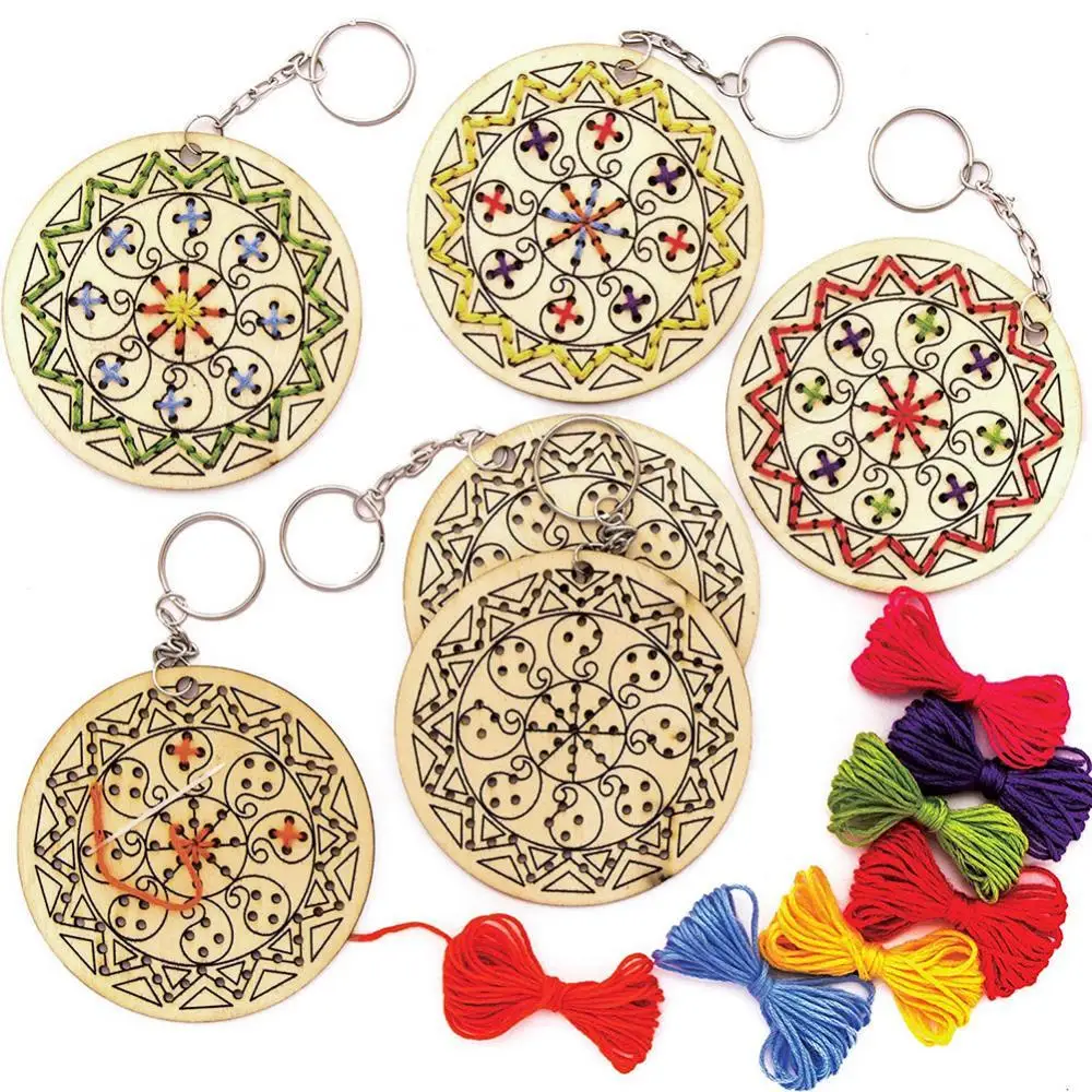 

Wood DIY Round Craft 5Pcs Pendant Cross Stitch Embroidery Key Ring Keychain Kit
