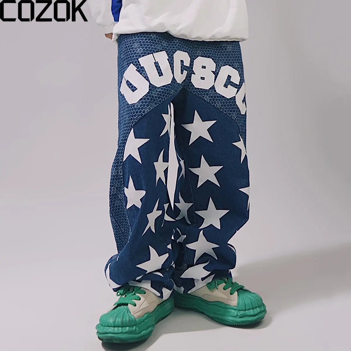 

Hip Hop Straight Jeans Men Stars Printed Oversized Harajuku Streetwear Loose Jeans Unisex Fashion Patchwork Denim Pants Y2K
