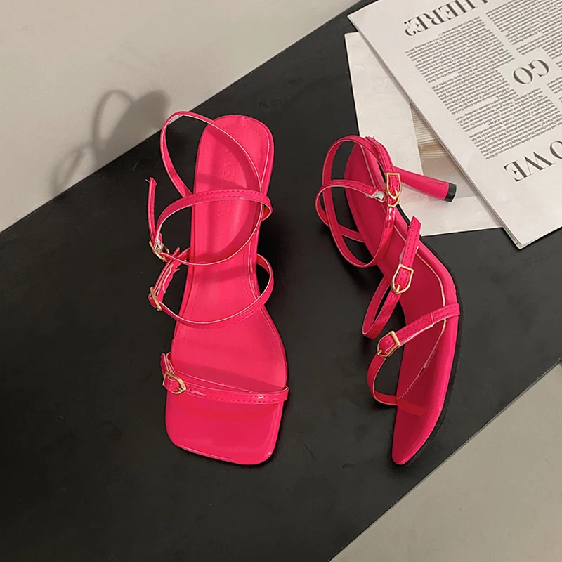 Neon Color Buckle Stripe Sandals Woman Fashion Square Toe Ankle Straps Sandalias Ladies Summer High Heel Party Pump Shoes