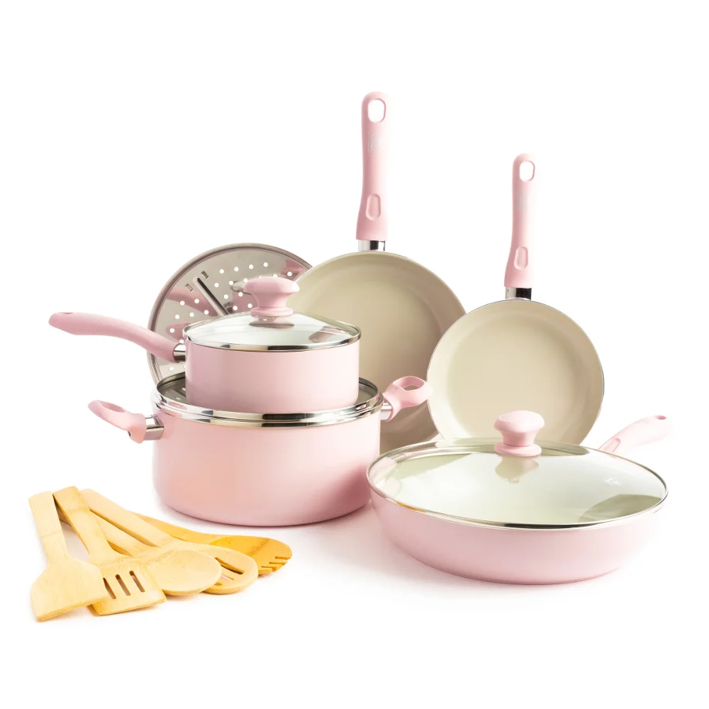 

GreenLife Diamond Healthy Ceramic Nonstick, Cookware Pots And Pans Set, 14 Piece, Pink ,Kitchen Accessories