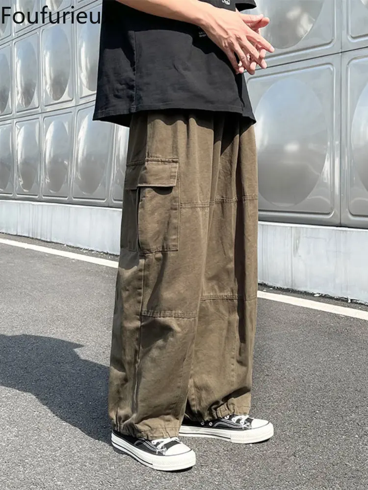 

Foufurieux 2022 New Men Cotton Cargo Pants Harajuku Straight Casual Pants Men Solid Big Pockets Loose Wide Leg Design Trousers