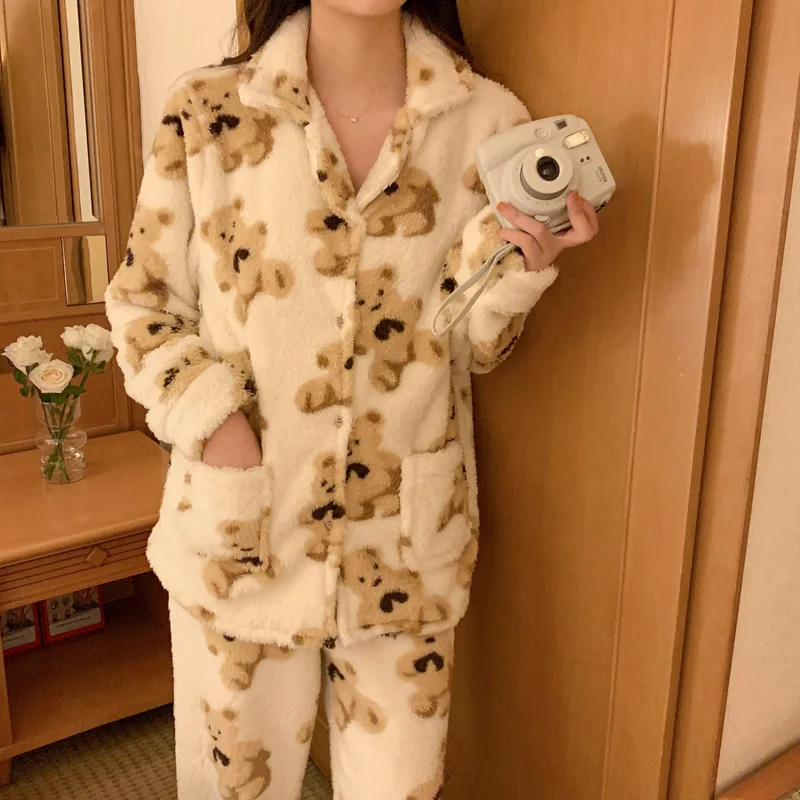 

Корейская женская пижама с милым медведем, плотный фланелевый парный Повседневный Ночной костюм, кардиган на пуговицах, брюки с длинным рук...