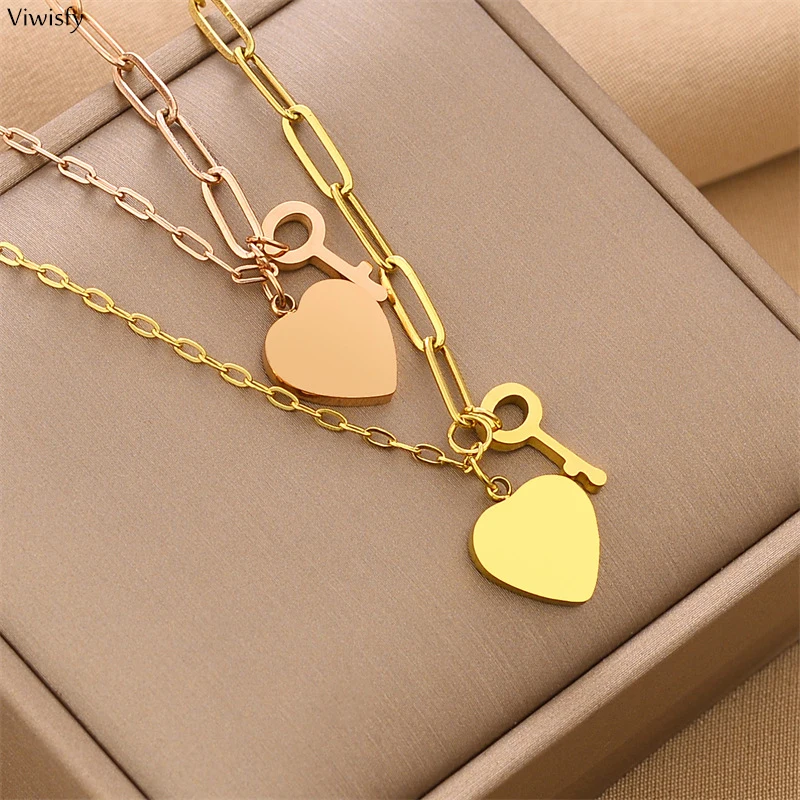 

Viwisfy Gold Color Titanium Steel O Chain Heart Key Pendant Necklace For Women Trendy Jewelry Gift New VW23021