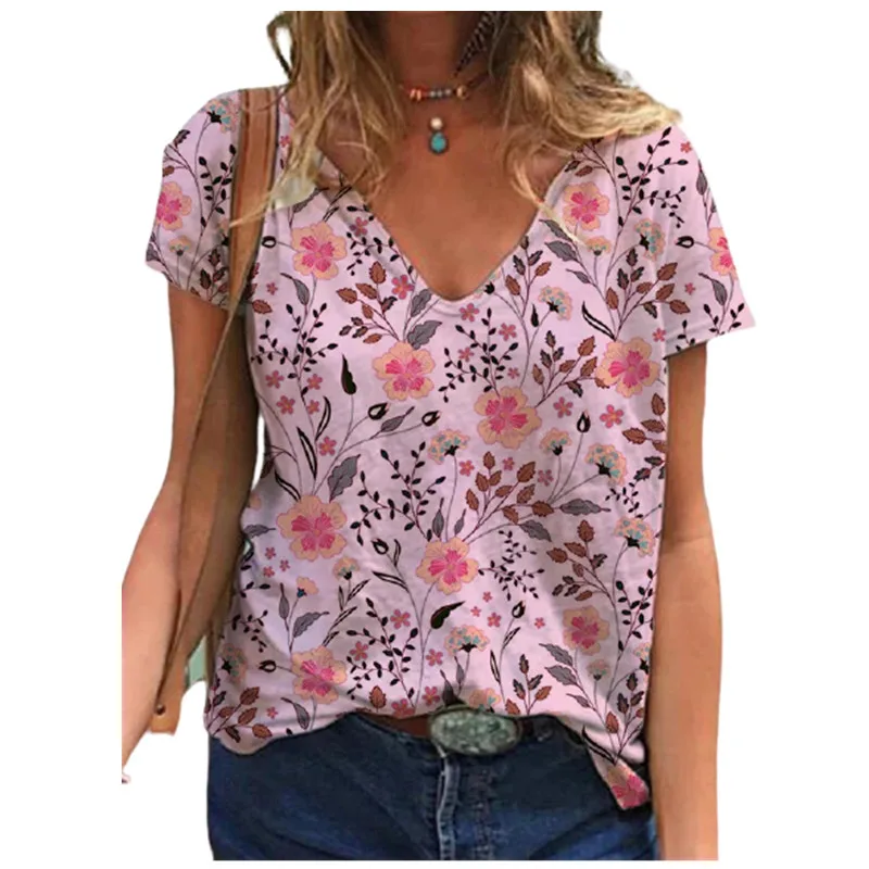 

2022 Summer Floral Print T-shirt Women Casual Short Sleeve V-Neck Pullover Plus Size 3XL Loose Streetwear