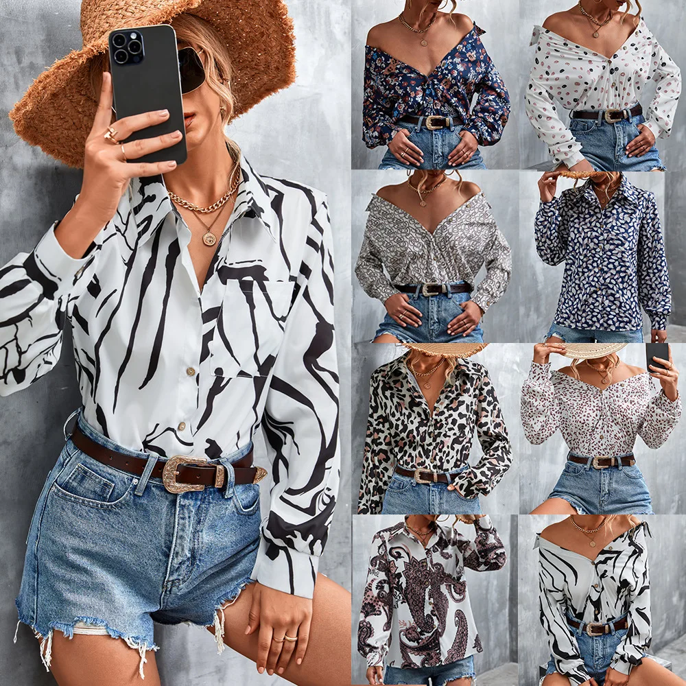 

European And American Multicolor Fashion Street Style All-Match Retro Long-Sleeved Lapel Printed Shirt