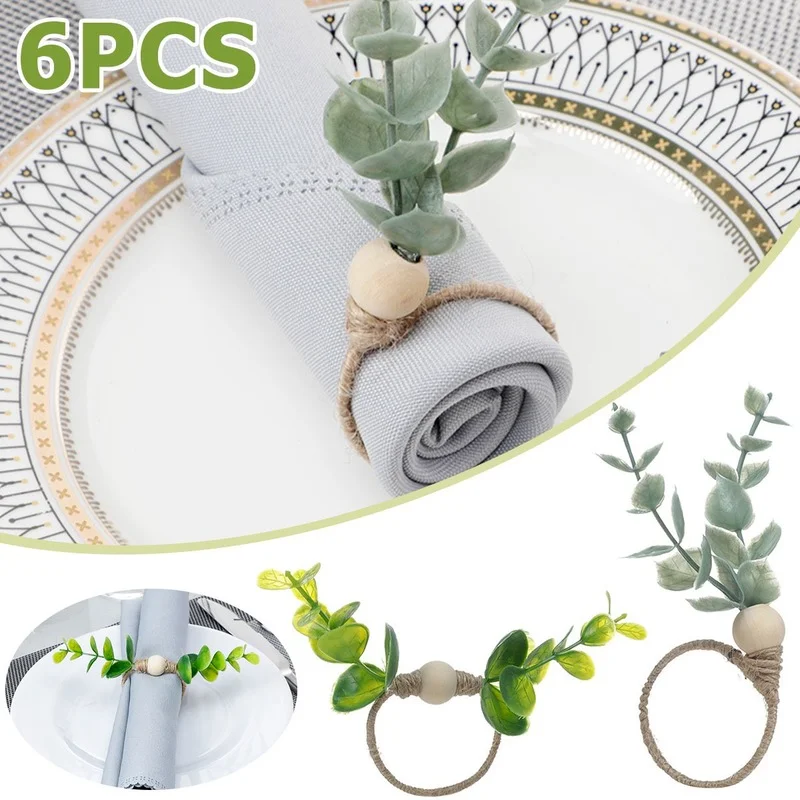 

6Pcs Eucalyptus Napkin Rings Handmade Green Napkin Buckle Holders Decorative Eucalyptus Leaves Garland Wedding Party Table Decor