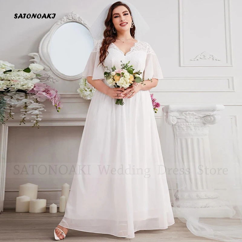 

Vestidos De Novia Elegant Plus Size Wedding Dress 2023 for Women Lace Flare Sleeve V-neck Chiffon Bride Gown Robe Mariée Custom