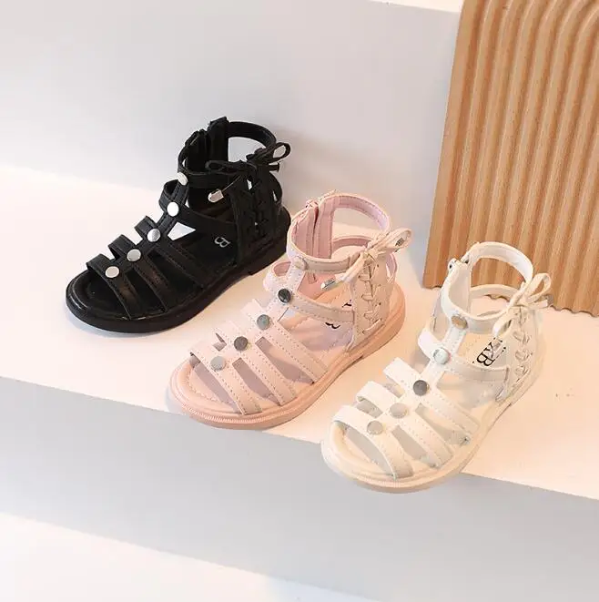 

Girls Fashion Sandals Summer Rivet Rhinestone Kids Gladiator Shoes Princess Buckle Zip Non Slip Soft Beach Children Sandals