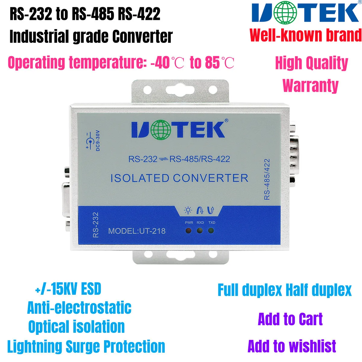 

UOTEK RS-232 to RS-485 RS-422 Converter Serial RS485 RS422 RS232 Adapter DB9 RJ45 Connector Industrial Optical Isolation UT-218