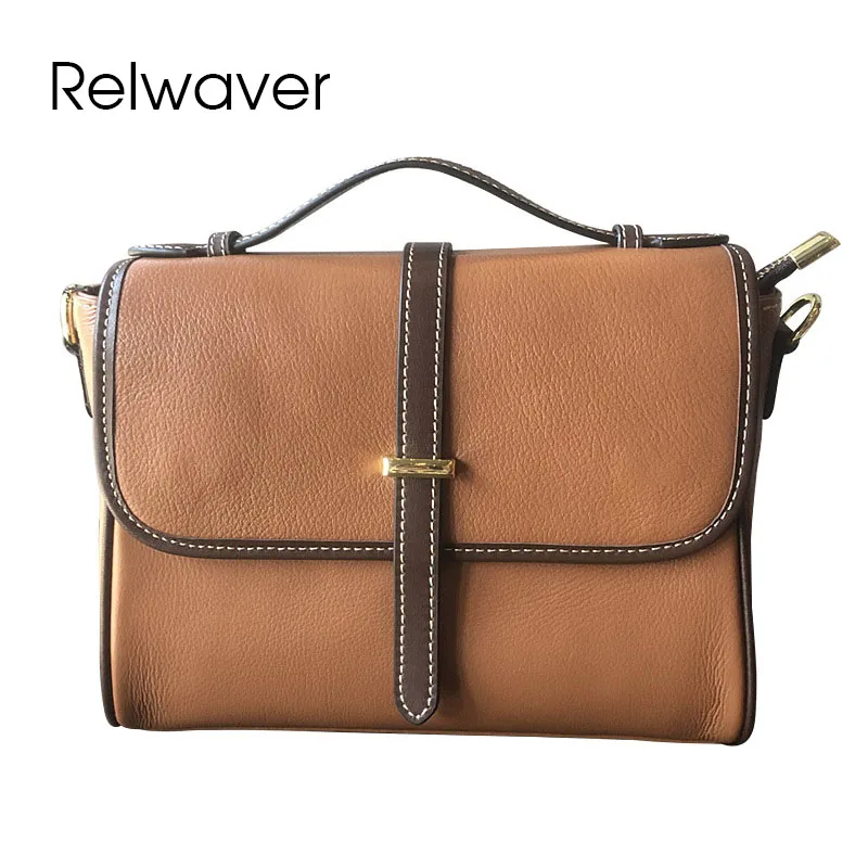 

Relwaver belt genuine leather shoulder bag head layer cowhide women bag small vintage handbag brown flap brief cross body bag