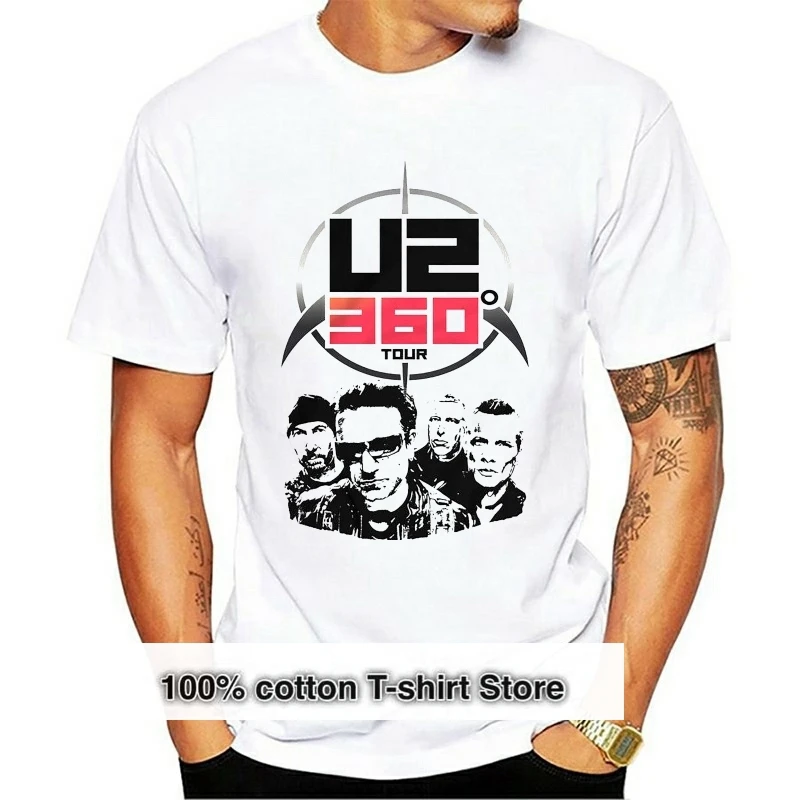 

U2 Men White T-Shirt Rock Band Fan Tee Bono Shirt 360 Tour
