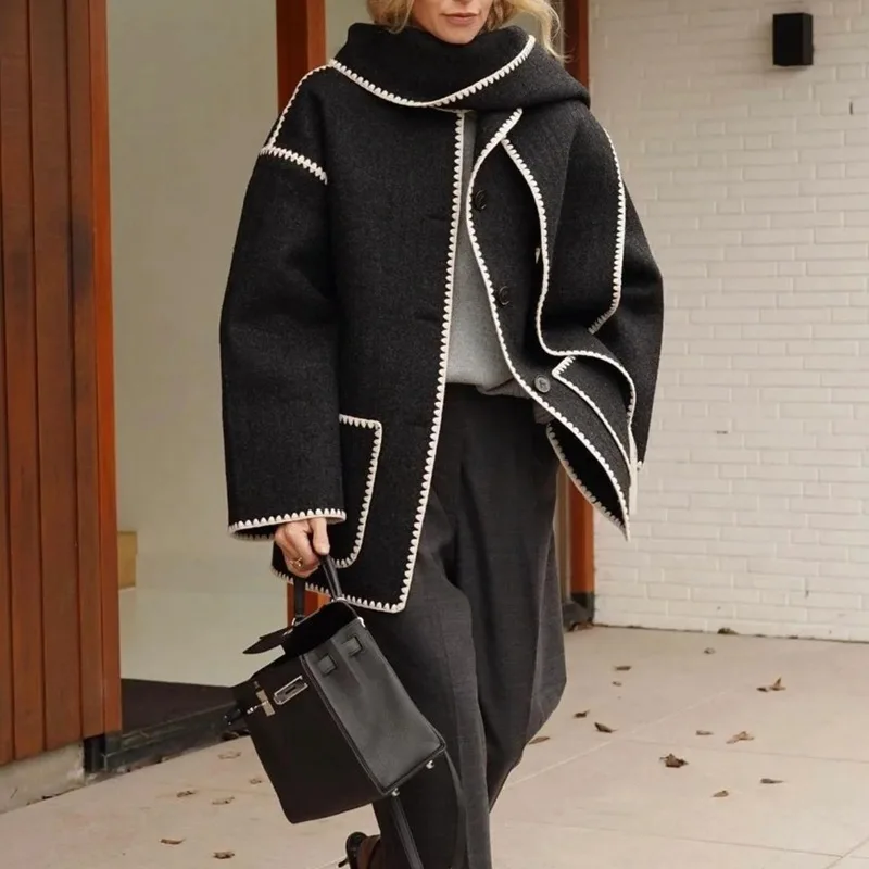 

Женское пальто, Дамская куртка, Корейская одежда Dongdaemun высокого качества, модное двустороннее шерстяное пальто во французском стиле с воротником-шарфом