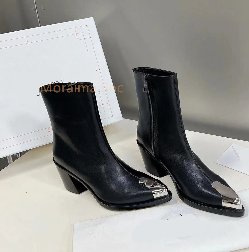 Black Women's Boots Metal Pointed Toe Thick Square Heel Ankle Boots Female British Style Fashion Chelsea Short Boots Side Zipper