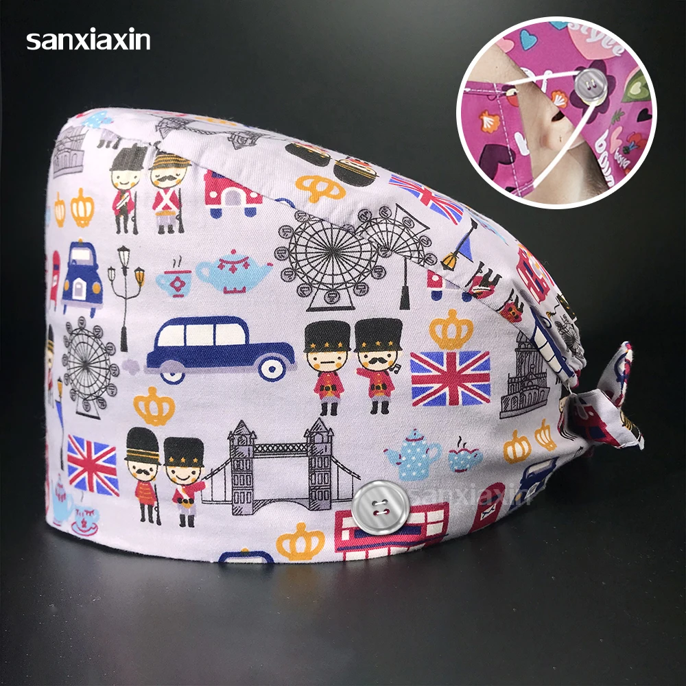 

Hospital Medical Doctor Work Scrub Cap with Button Sweatband Cartoon Print Adjustable Tie Back Elastic Pharmacist Hat Head Scarf