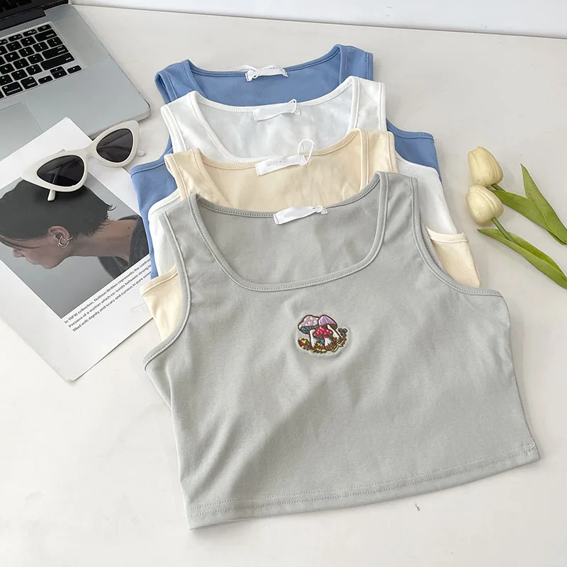 

Simple Solid Color Mushroom Embroidery Summer Comfortable Outerwear Tank Top
