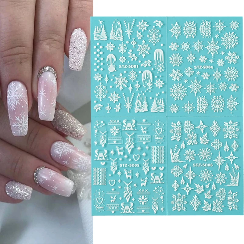 

1Pcs White Snowflakes Nail Art Stickers Christmas Winter Manicure Slider Decals 5D New Year Xmas Charming Nail Art Decoration