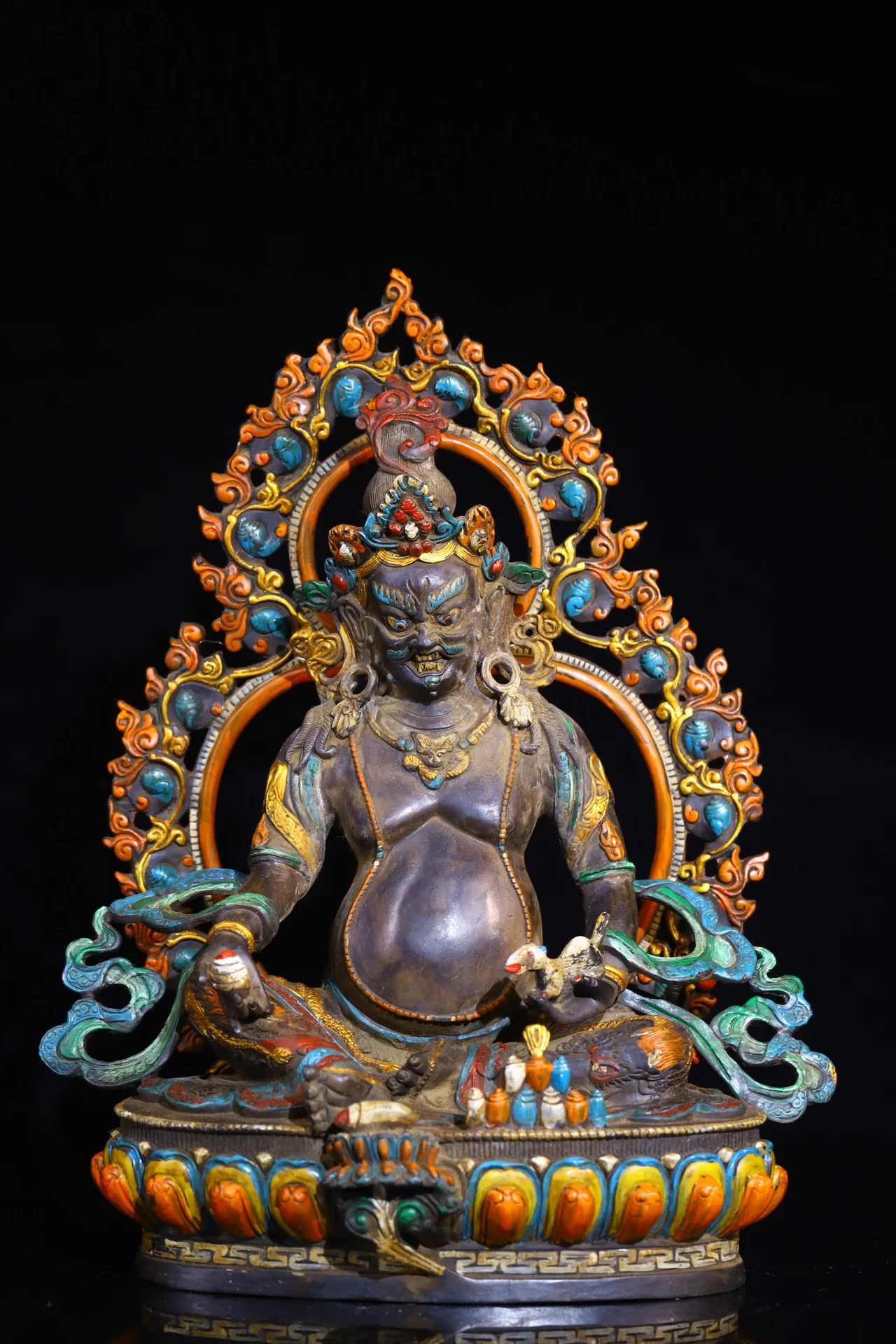 

12"Tibet Temple Collection Old Purple Bronze Painted Cinnabar Yellow Jambhala Backlight Sitting Buddha Worship Hall Town house