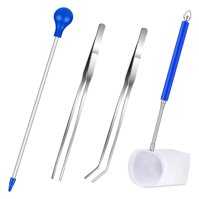 

4 Pcs Coral Feeder Long Syringe Tube Fish Excreta Cleaner with Tweezers & Net