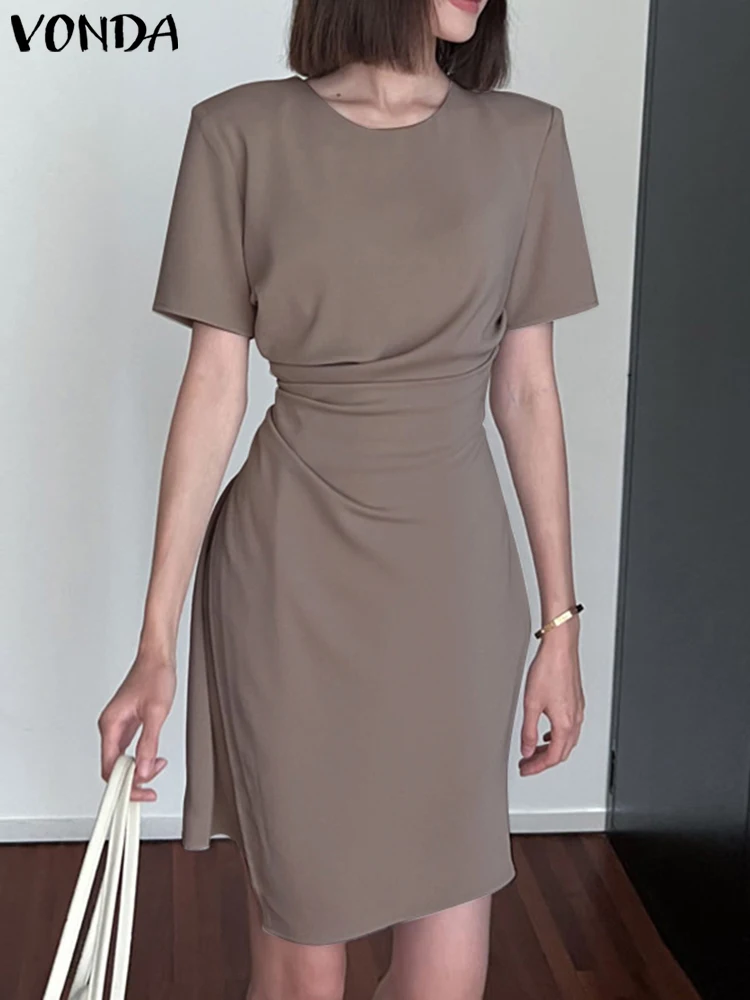 

VONDA Elegant Mini Dress 2023 Summer Irregular Hem Party Sundress Women Sexy Round Neck Short Sleeve Pleated Casual Vestidos