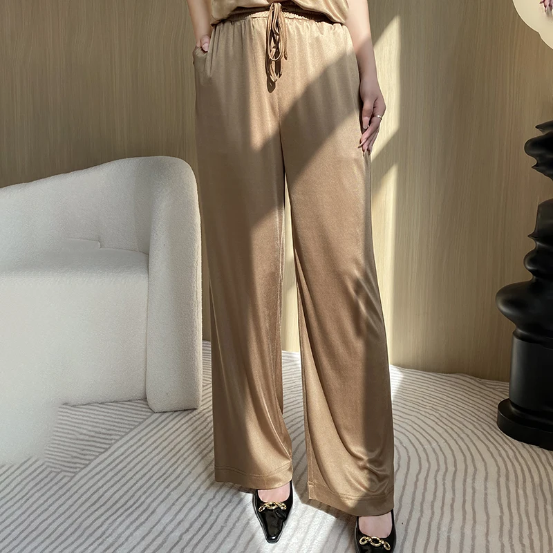 ATTYYWS 23 New Women's Wide Leg Pants Comfortable and Delicate Long Knitted Women's Thin Fashionable Wide Leg Pants Solid Color