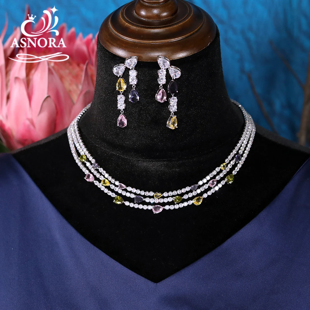 

Shiny Cubic Zirconia Pave Colorful 3 Floors Necklace Women Wedding Bridal Party Jewelry Sets Bridesmaid Dinner Accessories