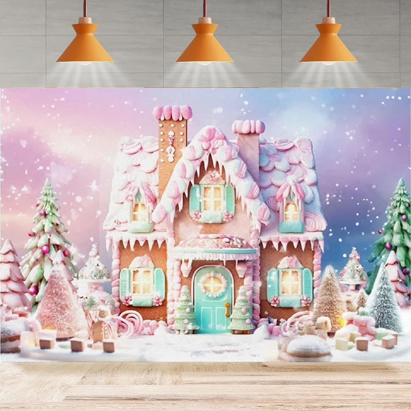 С Рождеством конфетами домиком фон для фотосъемки розовый мятно-зеленый сладкий