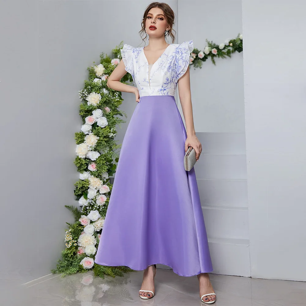 

Women's 2023 Summer New Sexy High Waist V-Neck Petal Sleeve Digital Print Dress
