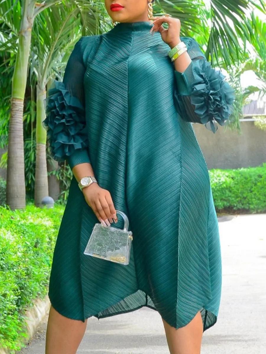 

Сетчатое лоскутное однотонное платье средней длины LW свободного кроя, свободное плиссированное платье средней длины с лепестками, зеленое элегантное платье в стиле пэчворк